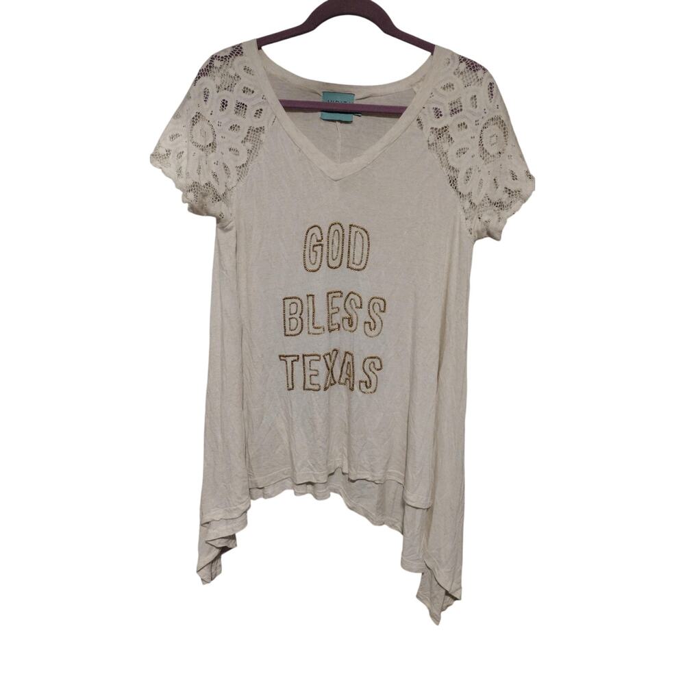 Judith March Shirt Womens Medium White Lace Sleeve Beaded God Bless Texas V Neck